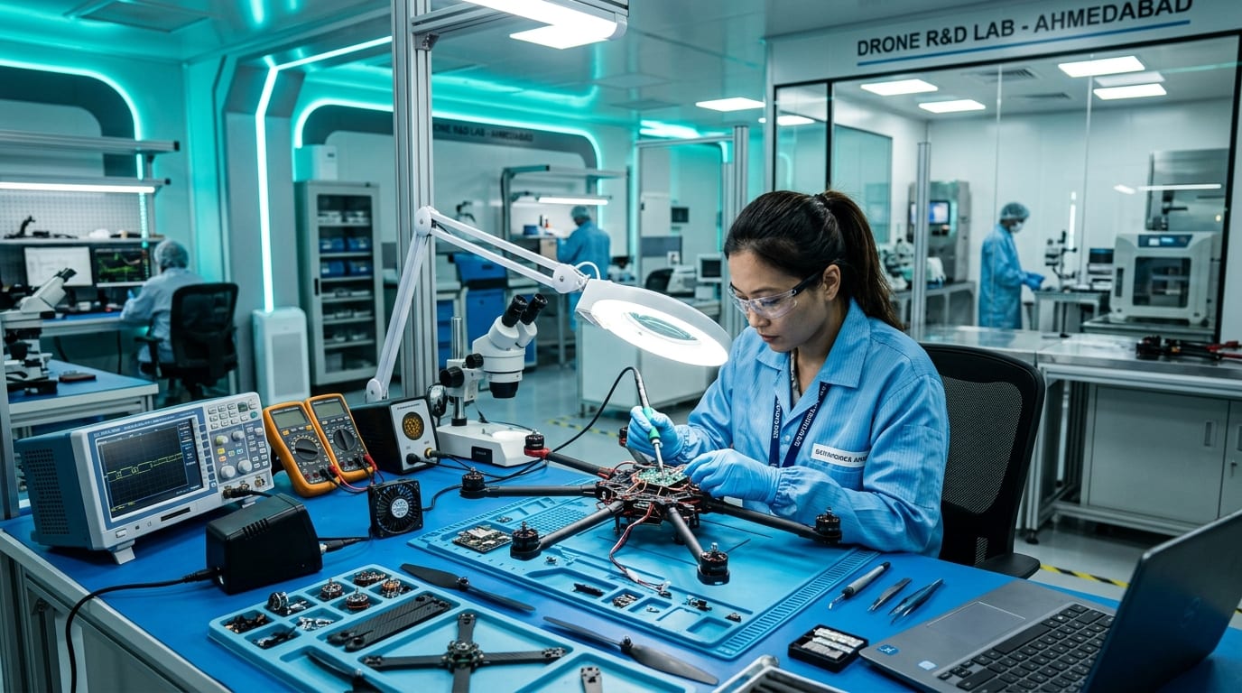 Dronebhai aerospace engineer performing precision drone repairs in our Ahmedabad cleanroom facility